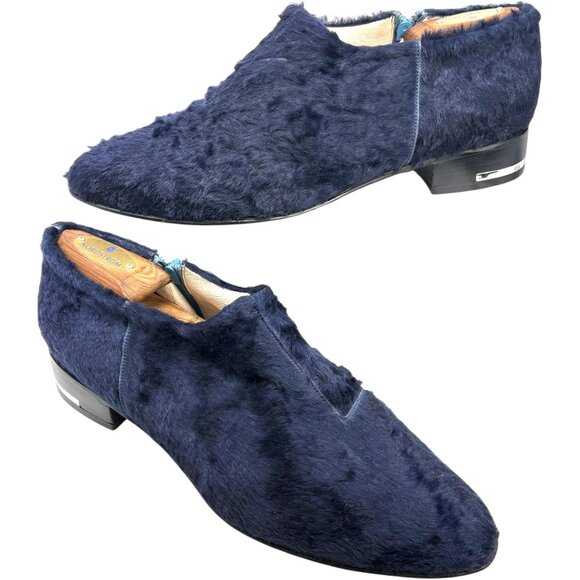 Josefina Ferroni Navy Blue Genuine Rabbit Fur Zip Flats - Picture 7 of 10